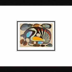 Shoreline Sentinel, 2003 par Kenojuak Ashevak, carte d'art inuit autochtone, Cape Dorset, carte d'art encadrée