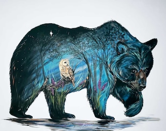 May include: A black bear silhouette with a blue and green forest scene inside. The forest scene includes a white owl perched on a branch with purple flowers.