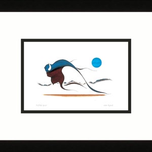 May include: A stylised illustration of a blue buffalo running across a white background with brown hills and a blue circle in the sky. The text "Buffalo Spirit" and "Carl Beam" are at the bottom of the image.