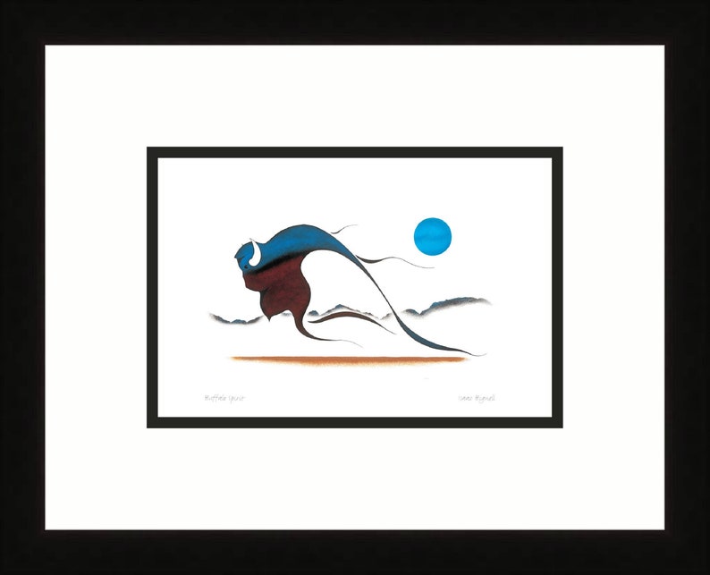 May include: A stylised illustration of a blue buffalo running across a white background with brown hills and a blue circle in the sky. The text "Buffalo Spirit" and "Carl Beam" are at the bottom of the image.