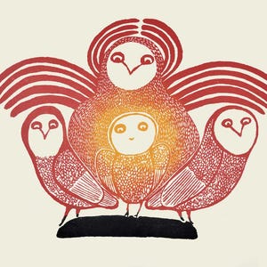 Corujas jovens por Lucy Qinnuayuak, Cartão de arte indígena Inuit, Cape Dorset, Cartão de arte emoldurado