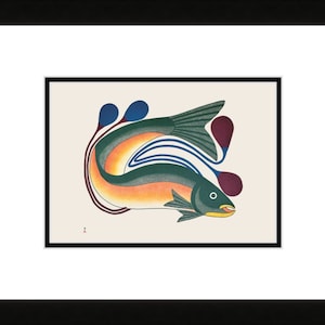 Iqalutsiavak (beau poisson) (gravure sur pierre et pochoir) par Kenojuak Ashevak, carte d'art inuit autochtone, décoration autochtone, carte d'art encadrée