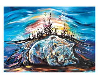 May include: A colorful painting of a white bear sleeping on a hill with a blue sky and pink flowers in the background. Two hummingbirds are flying in the sky.