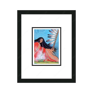 May include: A colourful painting of a Native American woman holding a feathered staff. She is wearing a red dress with intricate designs and has long black hair. The background is a blue sky with white clouds.