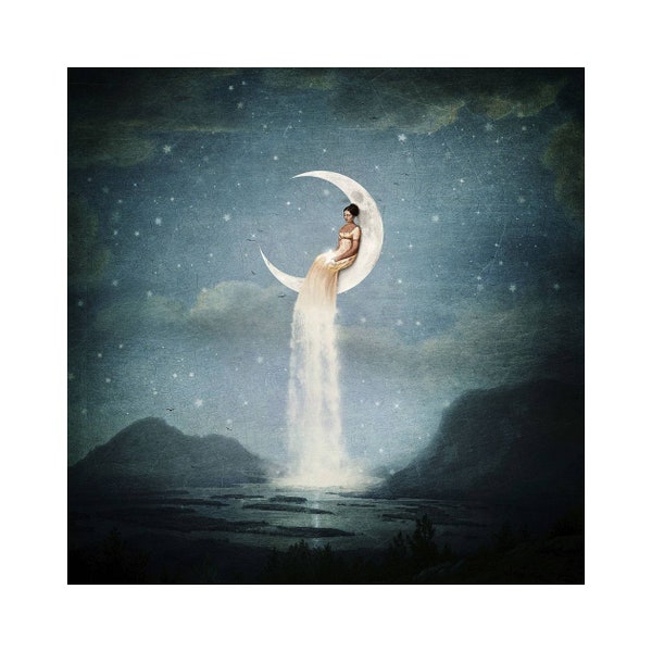 Moon River Lady By Flores, Paula Belle Art Print, Moon Wall Art Decor, Surreal, Fantasy Poster