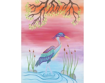 Blue Heron By Patrick Hunter Indigenous Art Print, First Nations, Ojibway, Native Americans Indian Decor, Framed Art