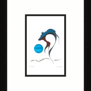 May include: A stylised black and blue wolf with a red accent stands on a white background with a blue circle and grey hills. The text "Wolf Spirit" and "Jane Ryall" are in the bottom corners of the image.