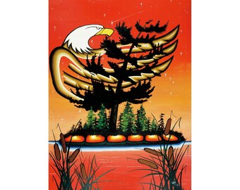 May include: A stylized painting of a black pine tree with an eagle's wings spread out around it. The tree is on a small island with cattails growing around it. The background is a red and orange sunset with stars.
