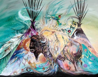 May include: A colorful abstract painting featuring a white buffalo with black horns, a hummingbird, and two teepees. The painting is done in a vibrant style with splashes of blue, green, yellow, and pink.
