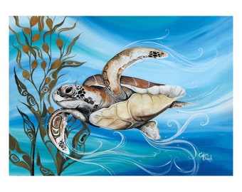Grand Sea Turtle By Cree Artist  Carla Joseph, Indigenous Art Print, Framed Option
