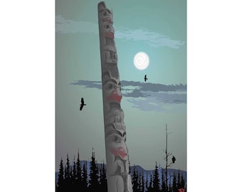 May include: A tall, carved wooden totem pole with multiple faces stands against a blue sky with a full moon. The pole is surrounded by a forest of dark green trees.