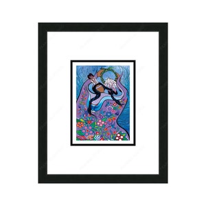 May include: A colourful abstract painting of a woman with flowing hair and a floral design. The woman is wearing a blue and white dress and a crown of flowers. The background is a purple and blue sky with white clouds.