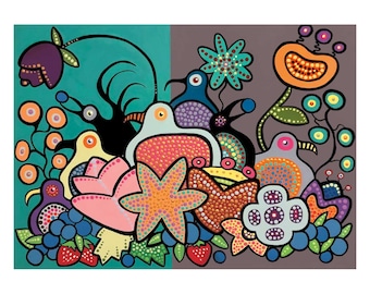 The Berry Bird Harvest II by Donna Langhorne Indigenous Art Print, First Nations, Anishinaabe Nation, Native Americans Decor, Framed Art