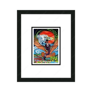 May include: A colourful illustration of an eagle with outstretched wings, a red sun, and a woman sitting in the centre. The eagle's wings are filled with swirling patterns and the woman is wearing a purple and green dress. The background is a mix of blue, green, and brown.