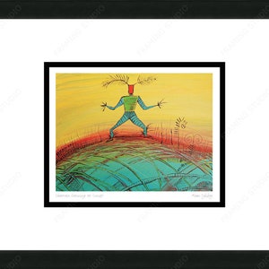 Chaman dansant au coucher du soleil par Alan Syliboy, carte d'art autochtone, carte d'art encadrée, artiste mi’kmaq