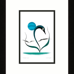 May include: A black and white stylised illustration of a bird with a blue head and neck, standing in a green field with a blue circle in the background. The text "Moonlight Dance" and "Cara Romero" are at the bottom of the image.