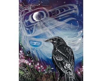May include: A black raven with white markings stands in a field of flowers against a dark blue background with a white, swirling, abstract design. The raven is looking to the left of the image.
