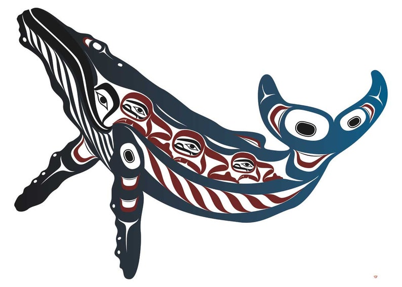 Puede incluir: Una ilustraci&oacute;n estilizada de una ballena con un esquema de color azul y rojo. La ballena est&aacute; representada en un estilo de arte nativo americano tradicional, con intrincados patrones y dise&ntilde;os.