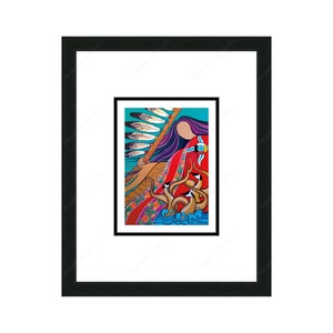 May include: A framed art print with a vibrant Native American-inspired illustration. The artwork shows a figure with long purple hair, a red garment, and a feathered headdress. The image includes stylized geese and water elements.