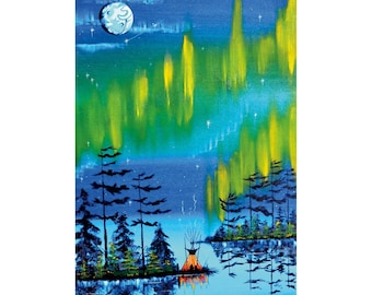 May include: A painting of a teepee in a forest with a reflection in a lake. The sky is blue with green and yellow aurora borealis and a crescent moon.