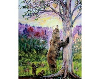 May include: A brown bear stands on its hind legs reaching up to a tree with a bird's nest. Two smaller bears are in the foreground, one holding the other. The background is a colorful forest scene with purple, green, and yellow hues.