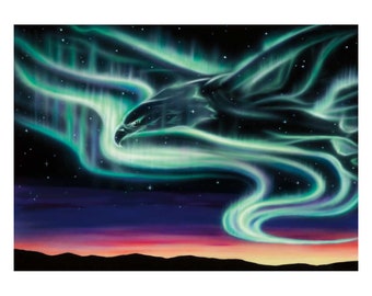 May include: A painting of a green and blue aurora borealis in the night sky, with a dark silhouette of an eagle's head in the center of the aurora.