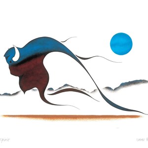 May include: A stylised painting of a blue and brown buffalo running across a landscape with a blue circle in the sky. The text "Buffalo Spirit" is at the bottom left and "Ivan Bignell" is at the bottom right.