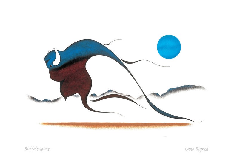 May include: A stylised painting of a blue and brown buffalo running across a landscape with a blue circle in the sky. The text "Buffalo Spirit" is at the bottom left and "Ivan Bignell" is at the bottom right.