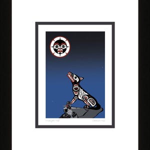 May include: A framed print featuring a stylized wolf howling at a full moon. The artwork is in a Native American style, with bold black, red, and white designs. The background is a gradient of dark blue with stars. The text "Midnight Wolf" is at the bottom.