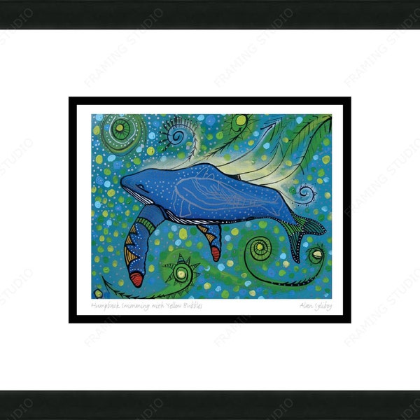 Humpback Swimming With Yellow Bubbles by Alan Syliboy, Indigenous Art Card, Framed Art Card, Mi’kmaq Artist