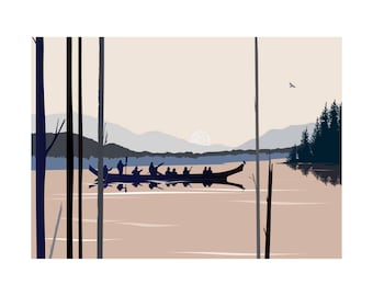 May include: A serene illustration depicts a long canoe with several figures silhouetted against a calm lake. The scene includes trees, mountains, and a setting sun, all rendered in muted tones of blue, brown, and beige, evoking a sense of tranquility.