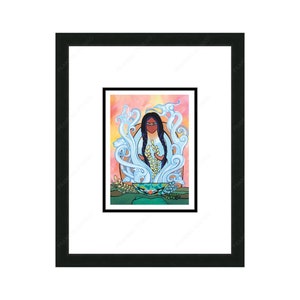 May include: A painting of a woman with long black hair and a blue dress holding a bowl of flowers. The woman is surrounded by white swirls and a pink and orange background.