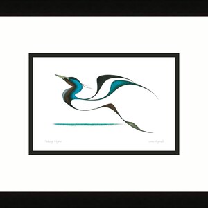 May include: A stylised black and white drawing of a bird in flight with blue and green accents. The artwork is titled "Taking Flight" and signed "Juno Evans".