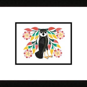 Owl's Bouquet, 2007 (gravure sur pierre et pochoir) par Kenojuak Ashevak, carte d'art inuit autochtone, Cape Dorset, carte d'art encadrée
