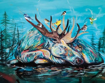 May include: A colorful painting of a moose with antlers, lying down in a blue lake.  The moose is surrounded by a variety of birds, including a hummingbird, a yellow bird, and several small brown birds.