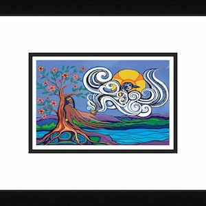 May include: A colourful abstract painting depicting a stylised tree with pink flowers, a woman standing next to it, and a bird flying in the sky. The background features a blue sky with white clouds and a yellow sun.