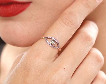 Evil eye ring 9K Gold Minimalist Diamond Ruby Onyx Greek eye Protection ring Dainty Geometric Friendship rings Everyday Modern Gift for her