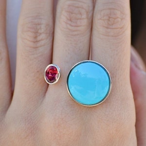 Double stone open ring Turquoise Pink tourmaline Adjustable gemstone ring Geometric dual 2 stone ring Minimalist Ring for her Anniversary