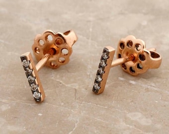 Tiny diamond bar earrings Mini stud earrings Geometric Rectangular 9K gold earrings Everyday small gemstone earrings Minimalist Gift for Her