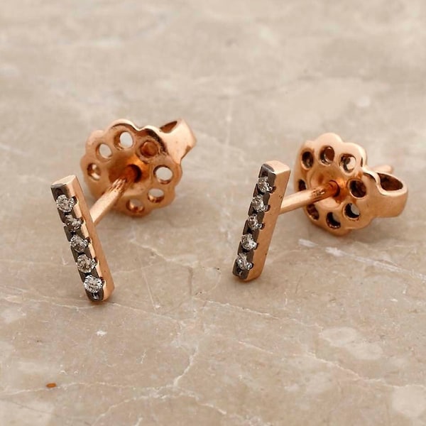 Tiny diamond bar earrings Mini stud earrings Geometric Rectangular 9K gold earrings Everyday small gemstone earrings Minimalist Gift for Her