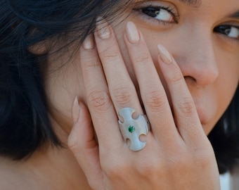 Cross Ring Handmade Sterling Silver Everyday Ring Gemstone Pointer Finger Ring Gift for Her Green Peridot Matte