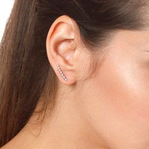 Curved Diamond Bar Earrings Gemstone Ear Climbers Solid Gold Stud Earrings Long Bar Earring Minimalist Elegant Jewelry Birthday Gift for Her image 7