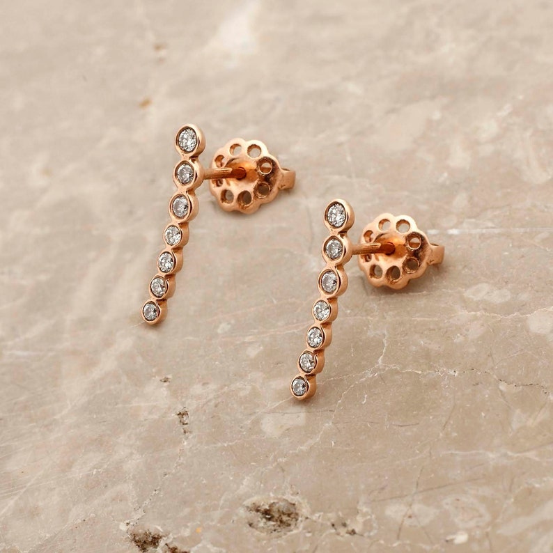 Curved Diamond Bar Earrings Gemstone Ear Climbers Solid Gold Stud Earrings Long Bar Earring Minimalist Elegant Jewelry Birthday Gift for Her image 1