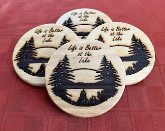 Handmade Lake Wooden Coaster Set – Cabin Decor, Housewarming Gift