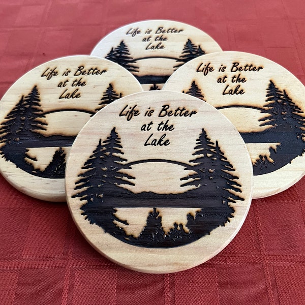 Life Is Better at The Lake Round Wooden Coaster Set - Gifts for Christmas, Housewarming, Birthday, Anniversary, Handmade Decor, Cabin Decor