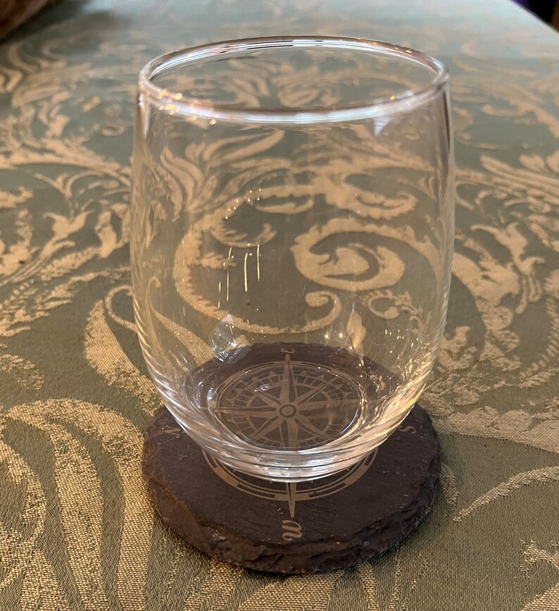 Set of 4 Slate Coasters With Compass Engraving and Holder Etsy