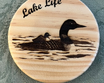 Engraved Wooden Coaster Set: Lake Life Loon Design, Personalized Drinkware