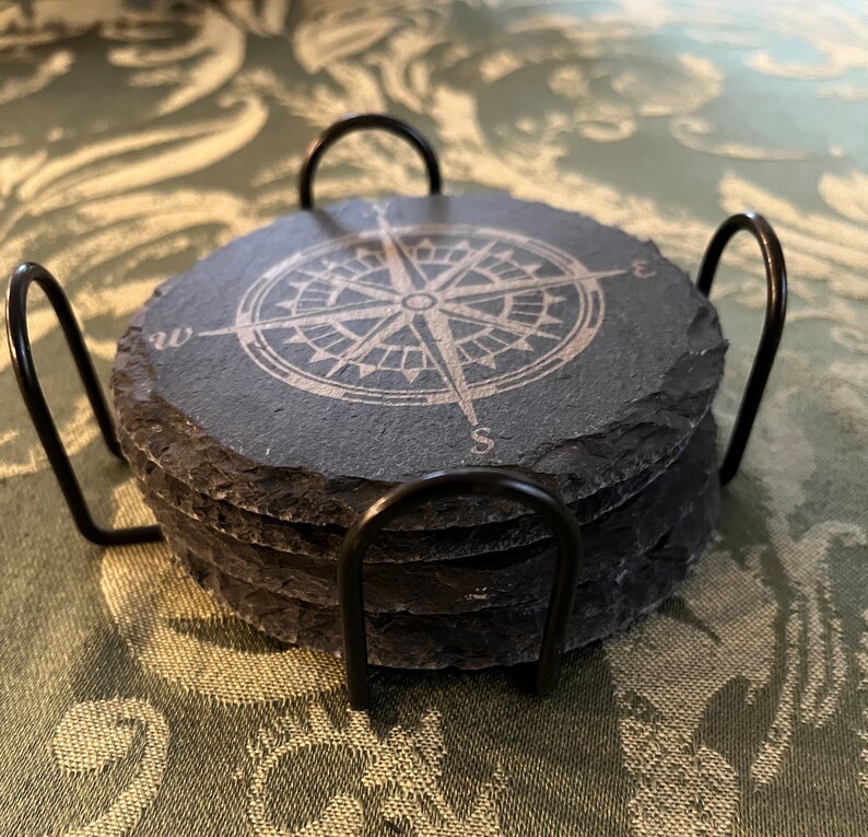 Set of 4 Slate Coasters With Compass Engraving and Holder Etsy