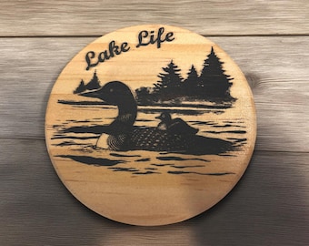 Engraved Wooden Coaster Set: Lake Life Loon Design, Personalized Drinkware