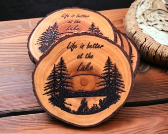 Wood Slice Coasters Set: Lake Cabin Decor, Rustic Handmade Coasters